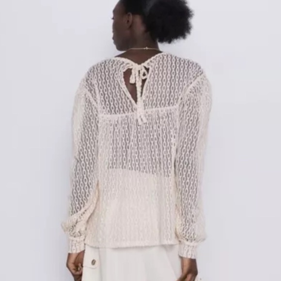 Zara Embroidered Sheer Tulle Lace Cream Top Blouse Oversized Womens Small - Picture 3 of 14